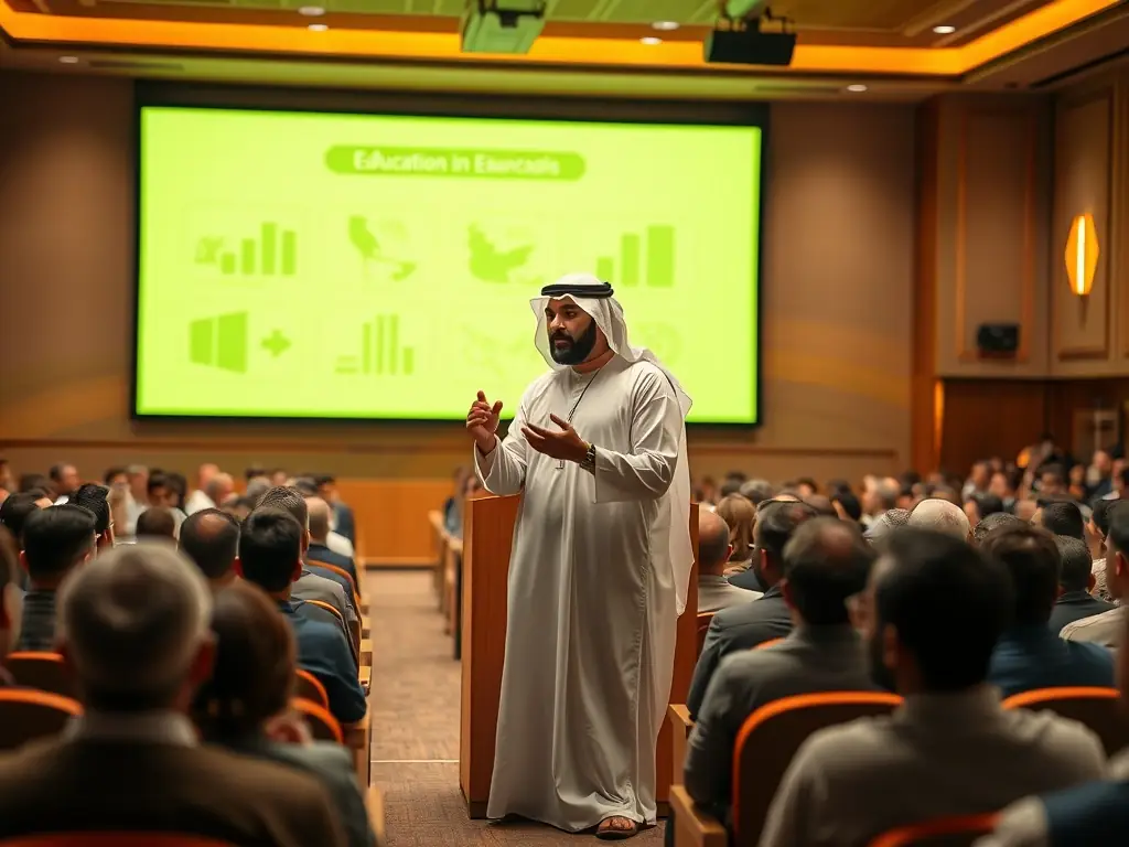 A photo of Dr. Amin delivering a speech at the Islamic Educational Conference 2019, highlighting his efforts to bring together scholars and community leaders.